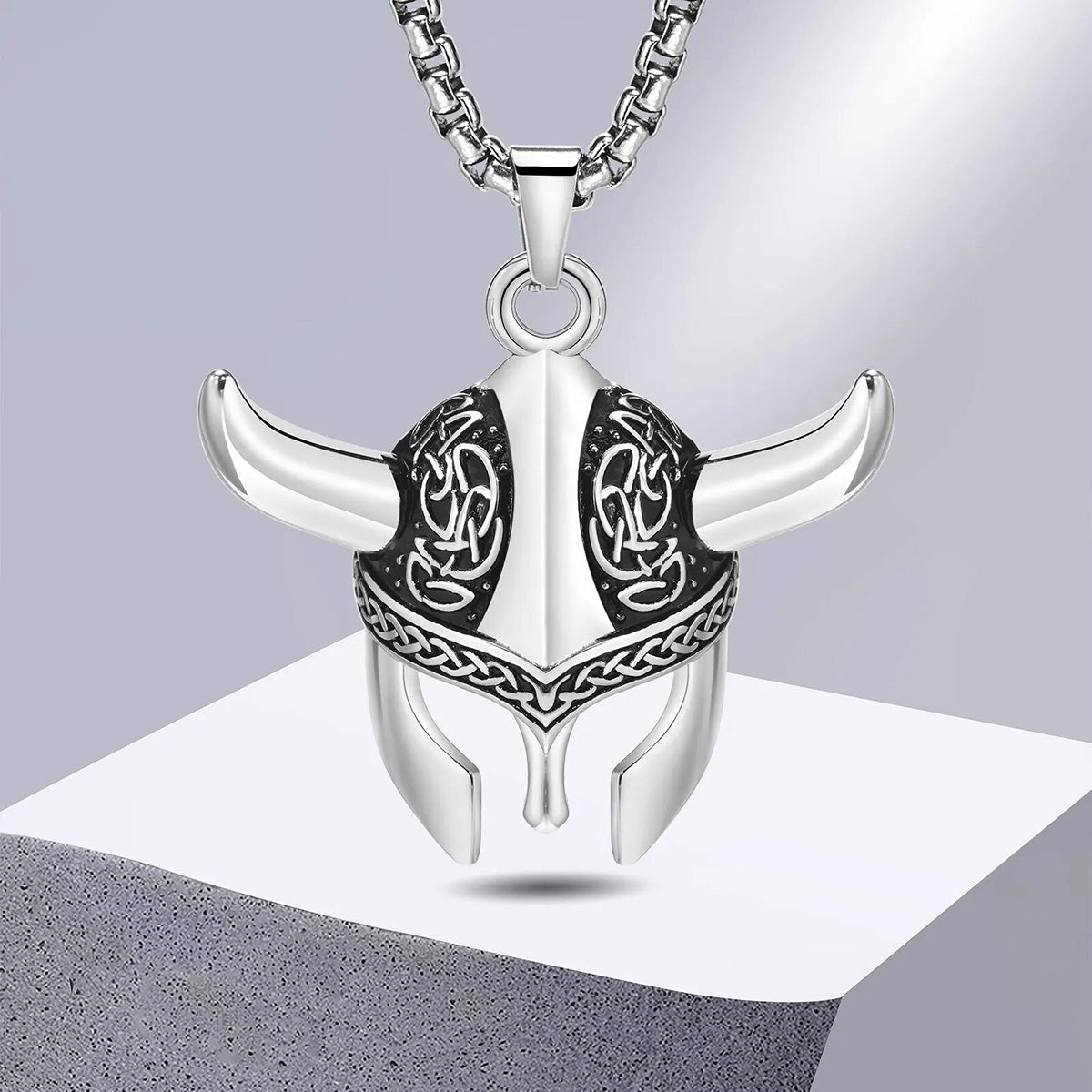 Viking - Punk Rock Viking Horns Mask Pendant Necklaces for Men, Bulk Stainless Steel Celtic Knot Collar Jewelry