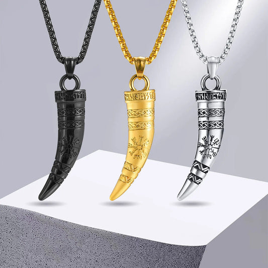 Viking - Rock Punk Viking Horn Necklaces for Men, Stainless Steel Norse Celtic Knots Compass Pendant Collar, Amulet Gift Jewelry