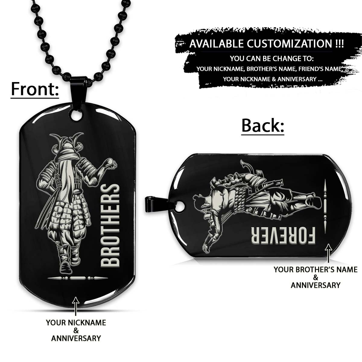 Samurai Dog Tag - Brothers Forever - Bushido - Katana - Ronin - Miyamoto Musashi - Samurai Necklace - Engrave Dog Tag