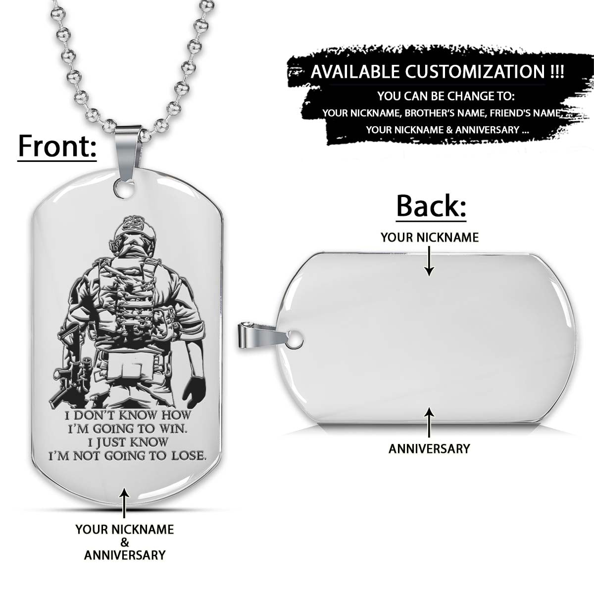 Soldier Dog Tag - I'm Not Going To Lose - Army - Navy - Marines - Air Force - Soldier Necklace - Engrave Dog Tag