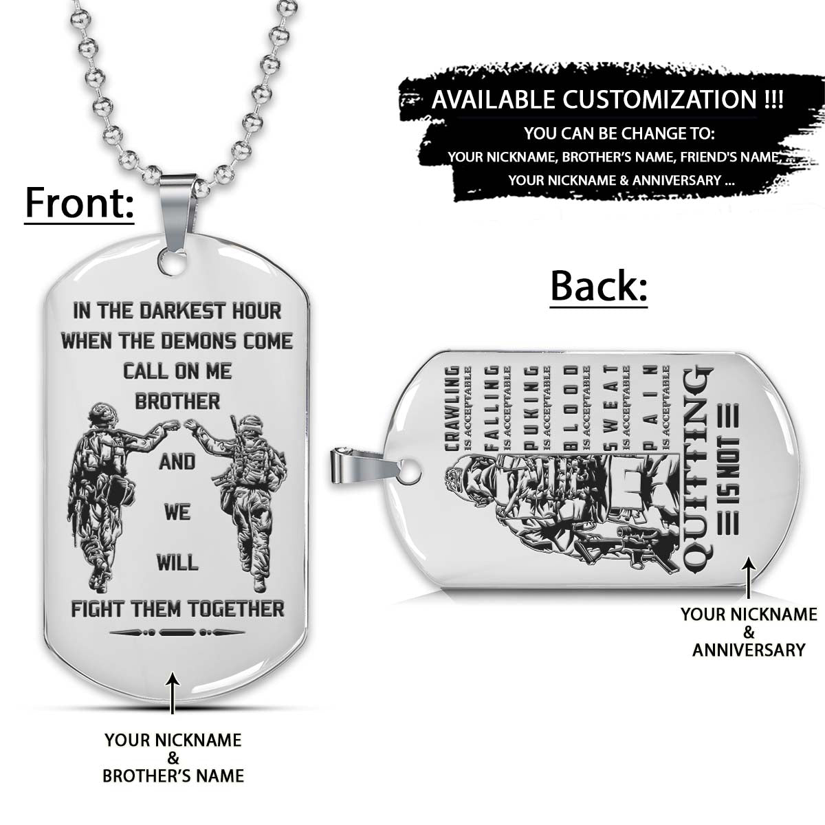 Soldier Dog Tag - Call On Me Brother - Quitting Is Not - Army - Navy - Marines - Air Force - Soldier Necklace - Engrave Dog Tag