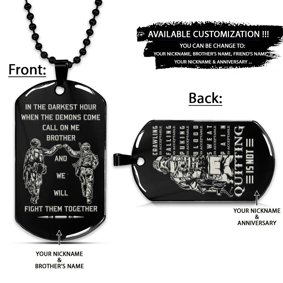 Soldier Dog Tag - Call On Me Brother - Quitting Is Not - Army - Navy - Marines - Air Force - Soldier Necklace - Engrave Dog Tag