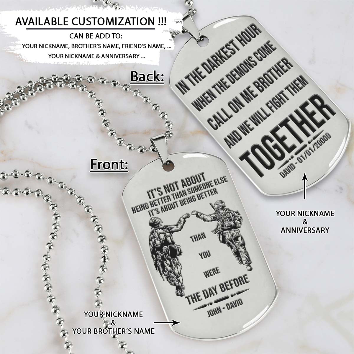 Soldier Dog Tag - Call On Me Brother - It's About Being Better Than You Were The Day Before - Army - Navy - Marines - Air Force - Soldier Necklace - Engrave Dog Tag