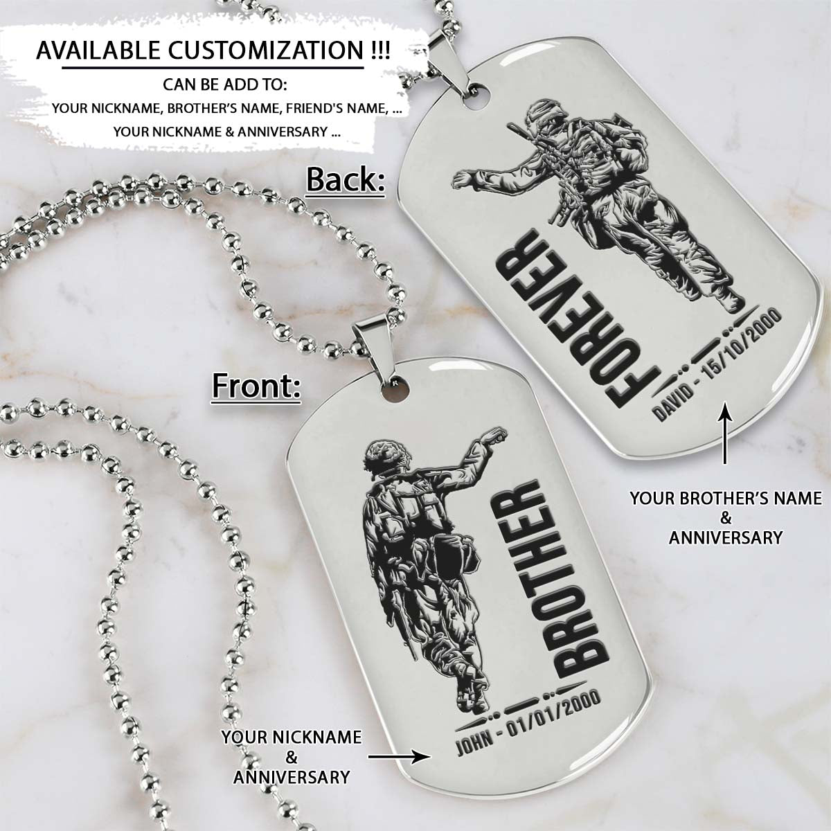 Soldier Dog Tag - Brother Forever - Army - Navy - Marines - Air Force - Soldier Necklace - Engrave Dog Tag