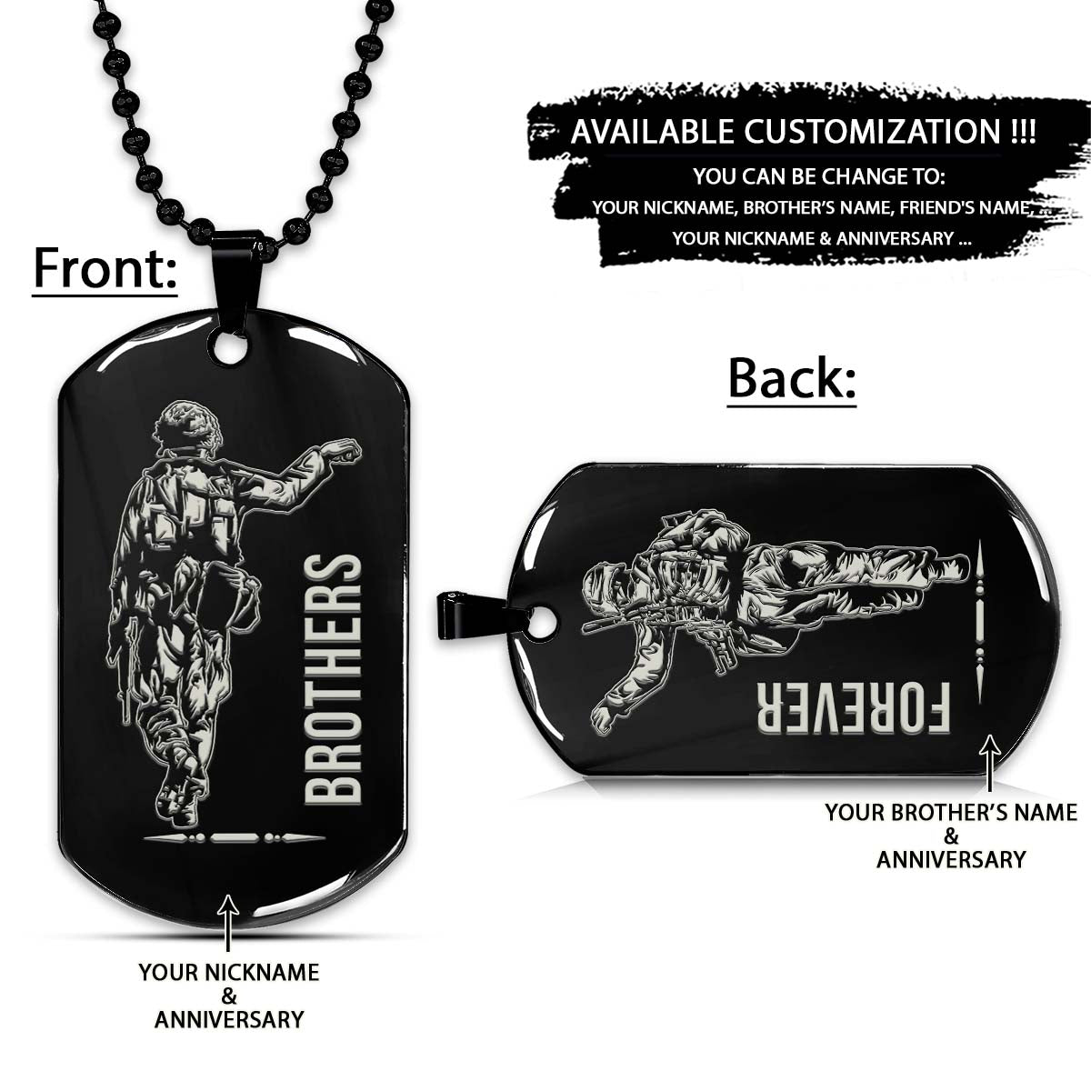 Soldier Dog Tag - Brothers Forever - Army - Navy - Marines - Air Force - Soldier Necklace - Engrave Dog Tag