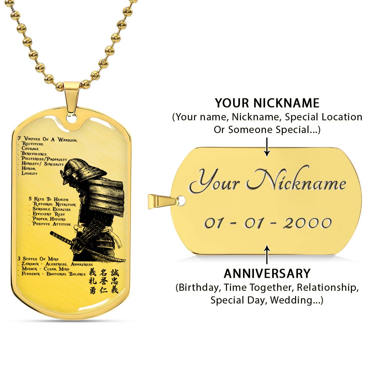 Samurai - SADL001 - 7 5 3 CODE - Bushido - Katana - Ronin - Miyamoto Musashi - Samurai Dog Tag - Military Ball Chain - Luxury Dog Tag
