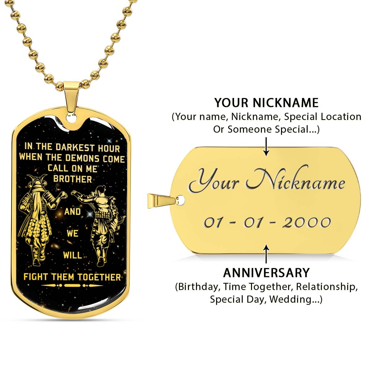 Samurai - SADL003 - Call On me Brother - Bushido - Katana - Ronin - Miyamoto Musashi - Samurai Dog Tag - Military Ball Chain - Luxury Dog Tag