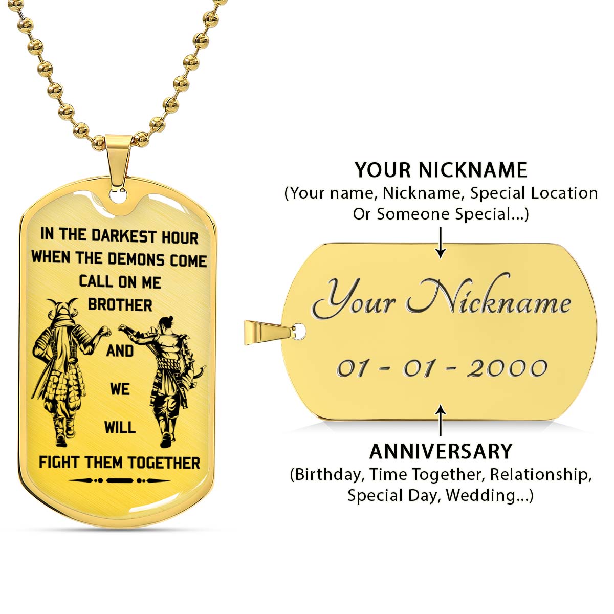 Samurai - SADL004 - Call On me Brother - Bushido - Katana - Ronin - Miyamoto Musashi - Samurai Dog Tag - Military Ball Chain - Luxury Dog Tag