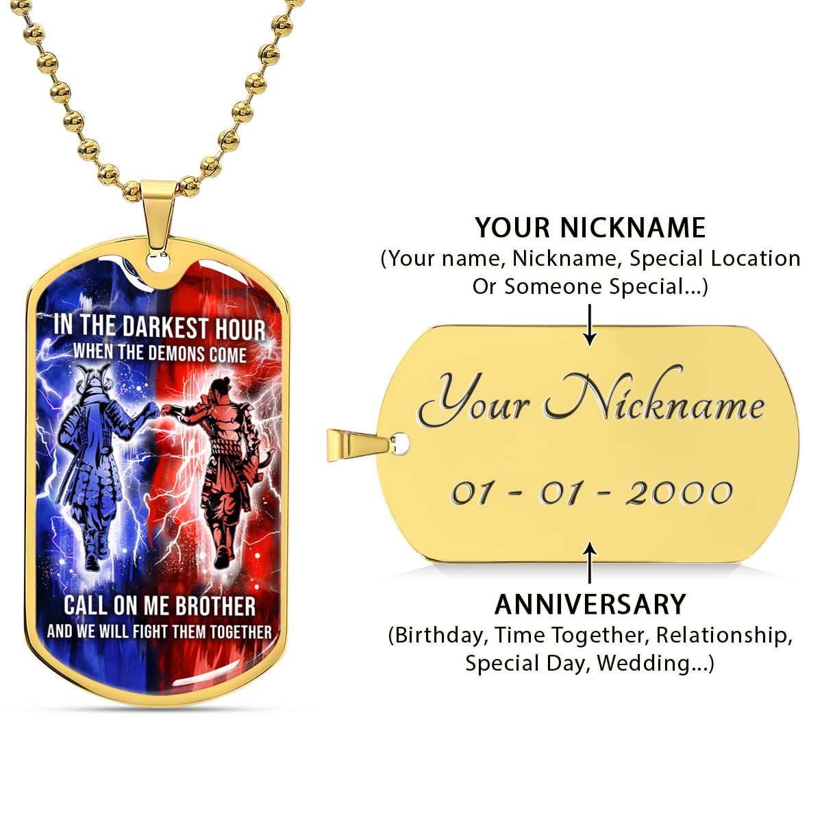 Samurai - SADL005 - Call On me Brother - Bushido - Katana - Ronin - Miyamoto Musashi - Samurai Dog Tag - Military Ball Chain - Luxury Dog Tag