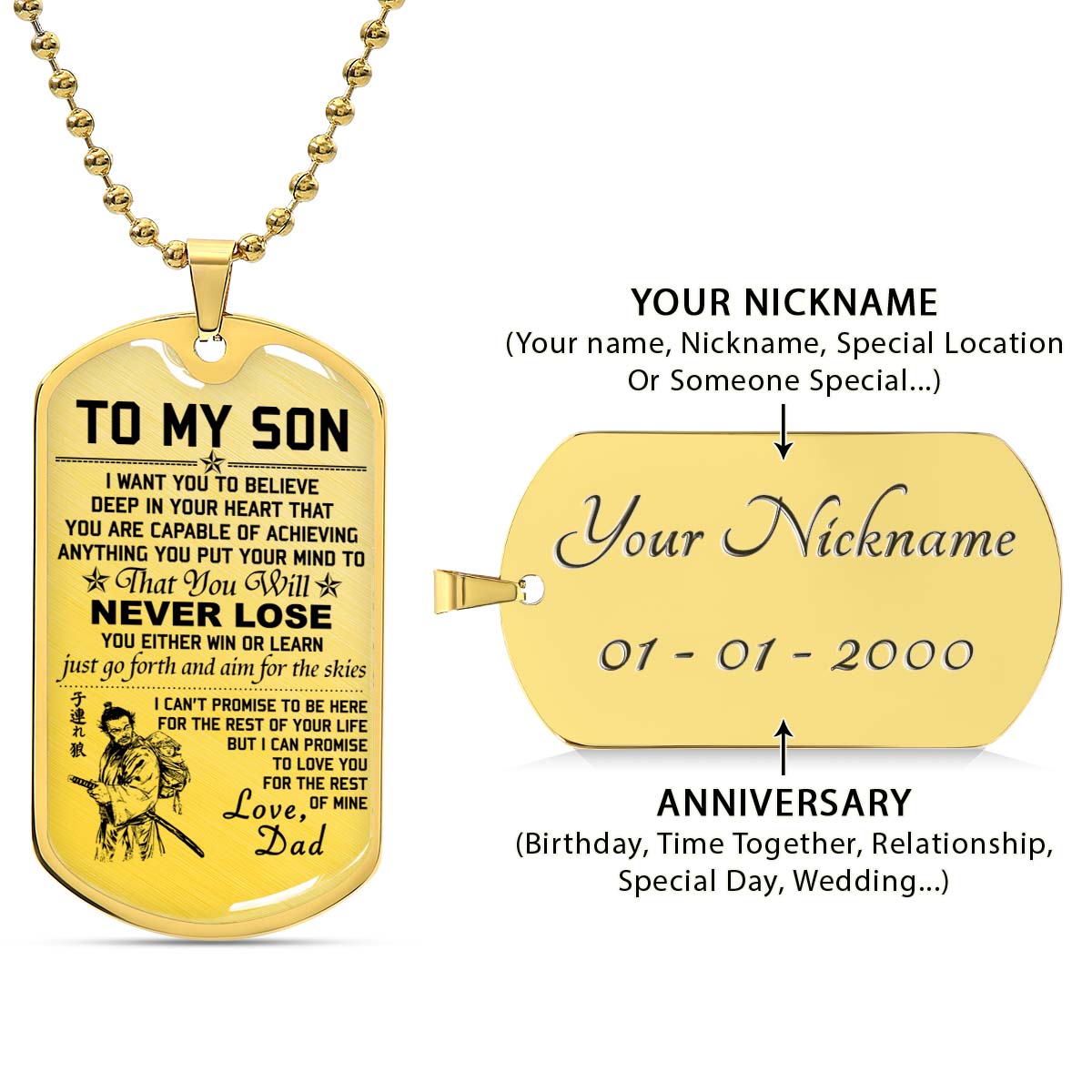 Samurai - SADL009 - Dad To Son - Never Lose - Bushido - Katana - Ronin - Miyamoto Musashi - Samurai Dog Tag - Military Ball Chain - Luxury Dog Tag