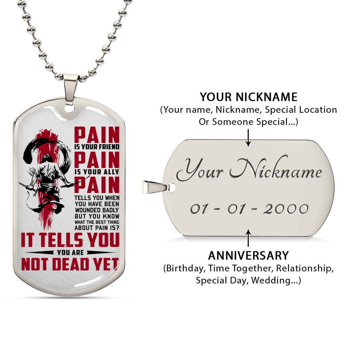 Samurai - SADL012 - PAIN - You Are Not Dead Yet - Bushido - Katana - Ronin - Miyamoto Musashi - Samurai Dog Tag - Military Ball Chain - Luxury Dog Tag