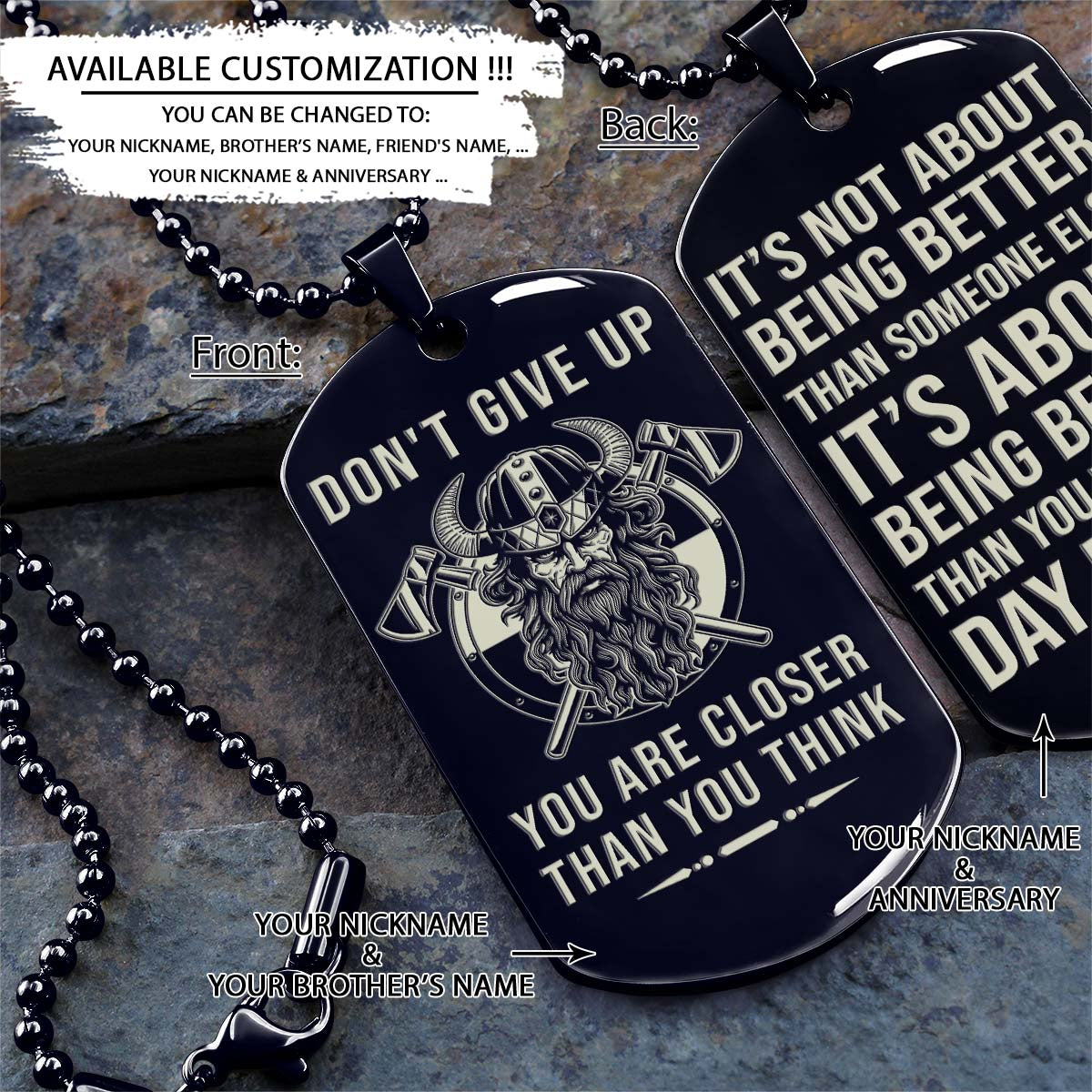 Viking Dog Tag - Don't Give Up - It's About Being Better Than You Were The Day Before - Odin - Valhalla - Norse Mythology - Scandinavian - Viking Necklace - Engrave Dog Tag