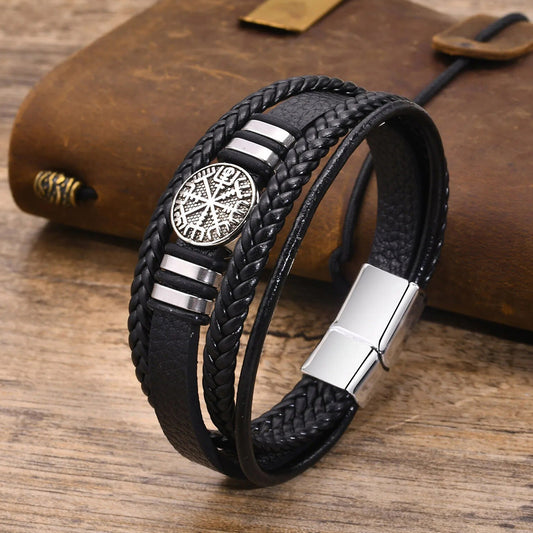 Viking - Norse Viking Bracelets for Men, Black Mens Leather Bracelet Bangle