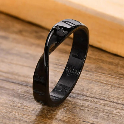 Viking Rings for Men, 4mm Twisted Mobius Finger Band with Viking Runes, Nordic Norse Almut Jewelry
