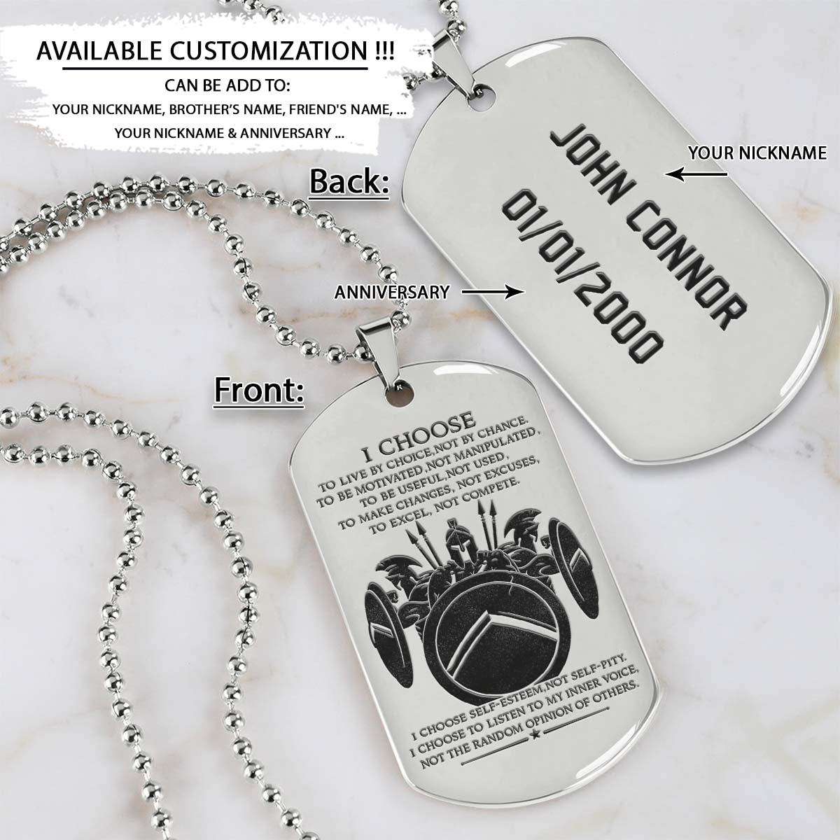 Spartan Dog Tag - I Choose - Spartan Warrior - Sparta - Leonidas - Gladiator - Spartan Necklace - Engrave Dog Tag