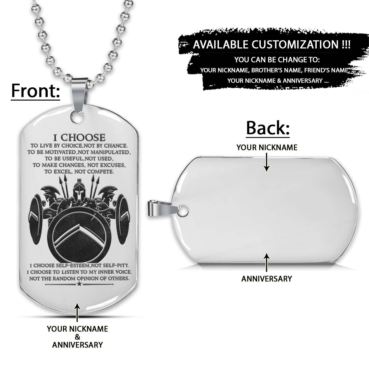Spartan Dog Tag - I Choose - Spartan Warrior - Sparta - Leonidas - Gladiator - Spartan Necklace - Engrave Dog Tag