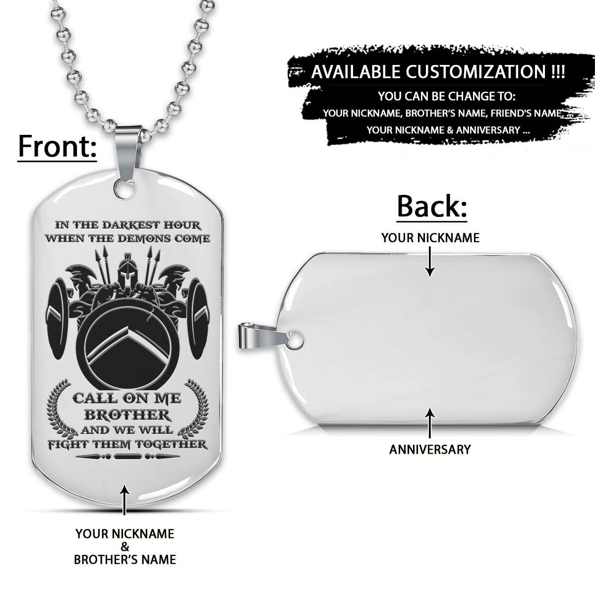 Spartan Dog Tag - Call On Me Brother - Spartan Warrior - Sparta - Leonidas - Gladiator - Spartan Necklace - Engrave Dog Tag