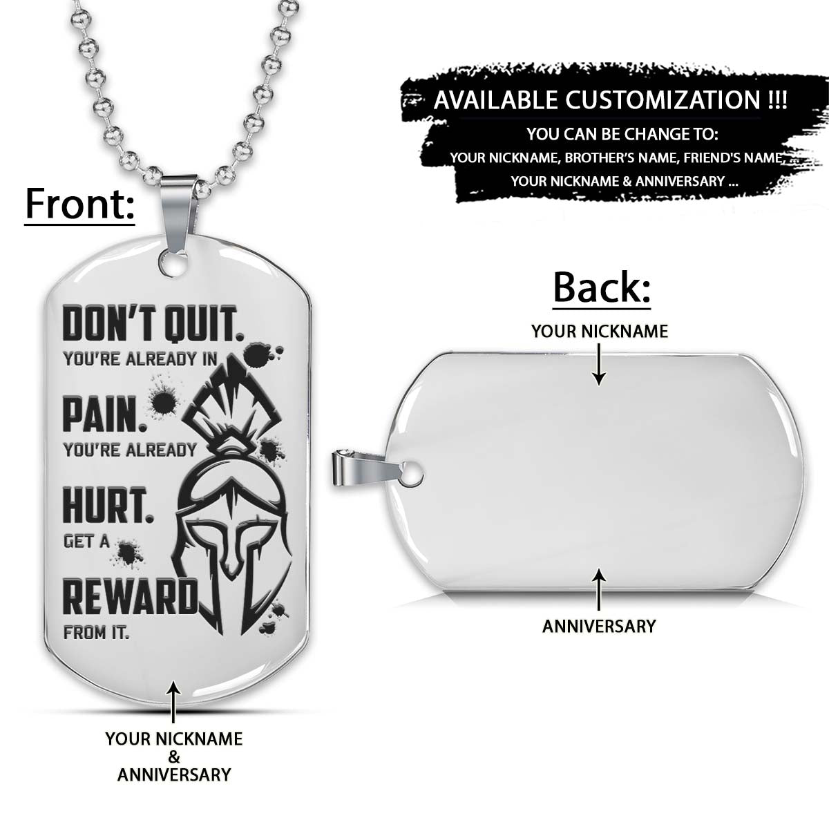 Spartan Dog Tag - Don't Quit - Get A Reward From It - Spartan Warrior - Sparta - Leonidas - Gladiator - Spartan Necklace - Engrave Dog Tag