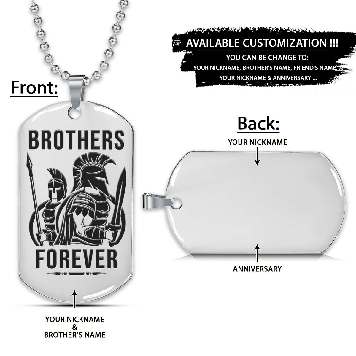 Spartan Dog Tag - Brothers Forever - Spartan Warrior - Sparta - Leonidas - Gladiator - Spartan Necklace - Engrave Dog Tag