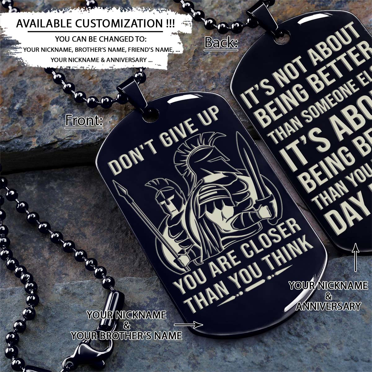 Spartan Dog Tag - Don't Give Up - It's About Being Better Than You Were The Day Before - Spartan Warrior - Sparta - Leonidas - Gladiator - Spartan Necklace - Engrave Dog Tag