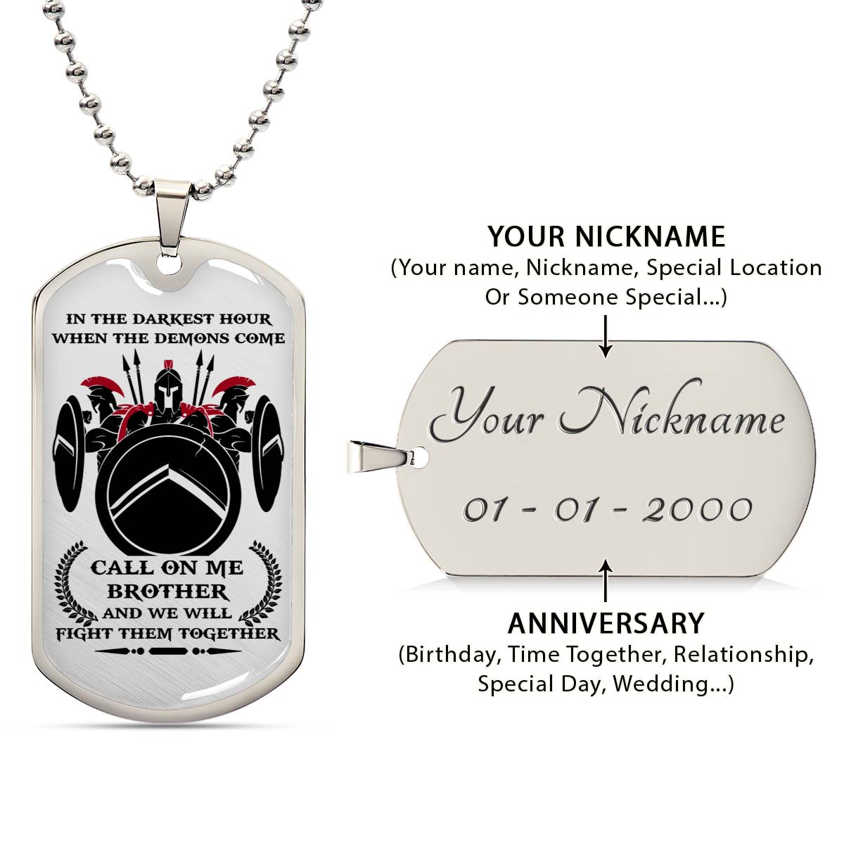 Warrior - WADL002 - Call On Me Brother - Sparta - Spartan - Warrior Dog Tag - Military Ball Chain - Luxury Dog Tag