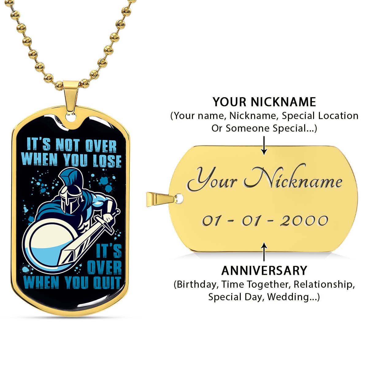 Warrior - WADL006 - It's not Over When You Lose - It's Over When You Quit - Sparta - Spartan - Warrior Dog Tag - Military Ball Chain - Luxury Dog Tag