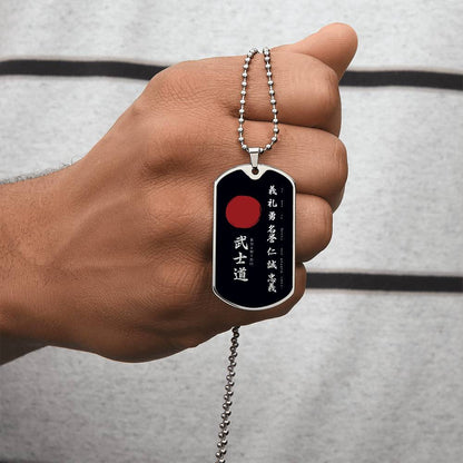 Samurai - The Seven Virtures Of Bushido - Bushido - Katana - Ronin - Black Dog Tag - Samurai Dog Tag - Military Ball Chain - Luxury Dog Tag