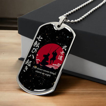 Samurai - Fall Down Seven Times Stand Up Eight - Bushido - Katana - Ronin - Galaxy - Black Dog Tag - Samurai Dog Tag - Military Ball Chain - Luxury Dog Tag