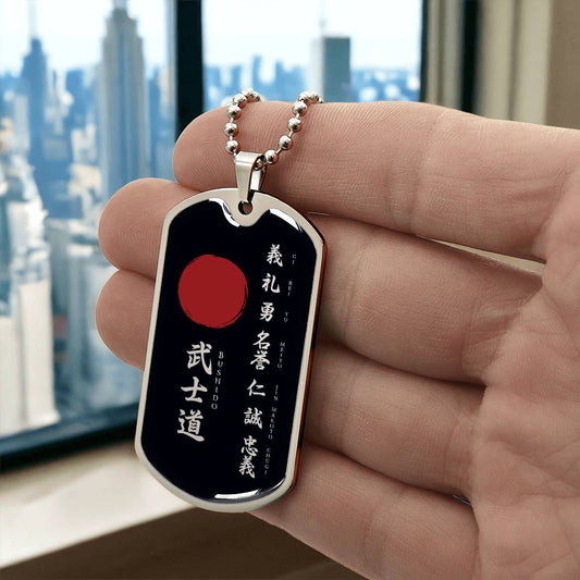 Samurai - The Seven Virtures Of Bushido - Bushido - Katana - Ronin - Black Dog Tag - Samurai Dog Tag - Military Ball Chain - Luxury Dog Tag