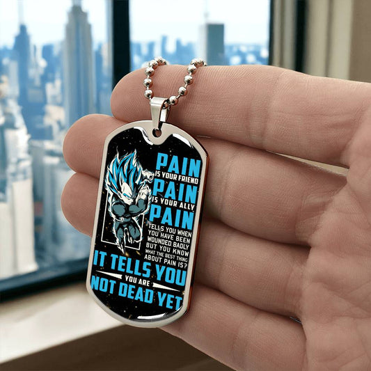 Dragon Ball - PAIN - You Are Not Dead Yet - Vegeta - Supper Saiyan Blue - Galaxy- Black Dog Tag - Dragon Ball Dog Tag - Military Ball Chain - Luxury Dog Tag