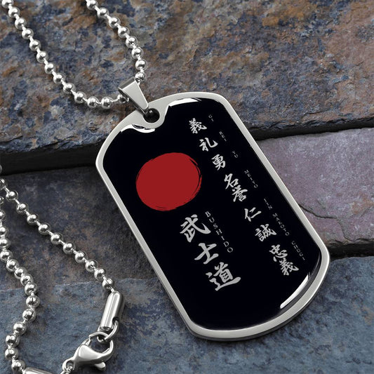 Samurai - The Seven Virtures Of Bushido - Bushido - Katana - Ronin - Black Dog Tag - Samurai Dog Tag - Military Ball Chain - Luxury Dog Tag