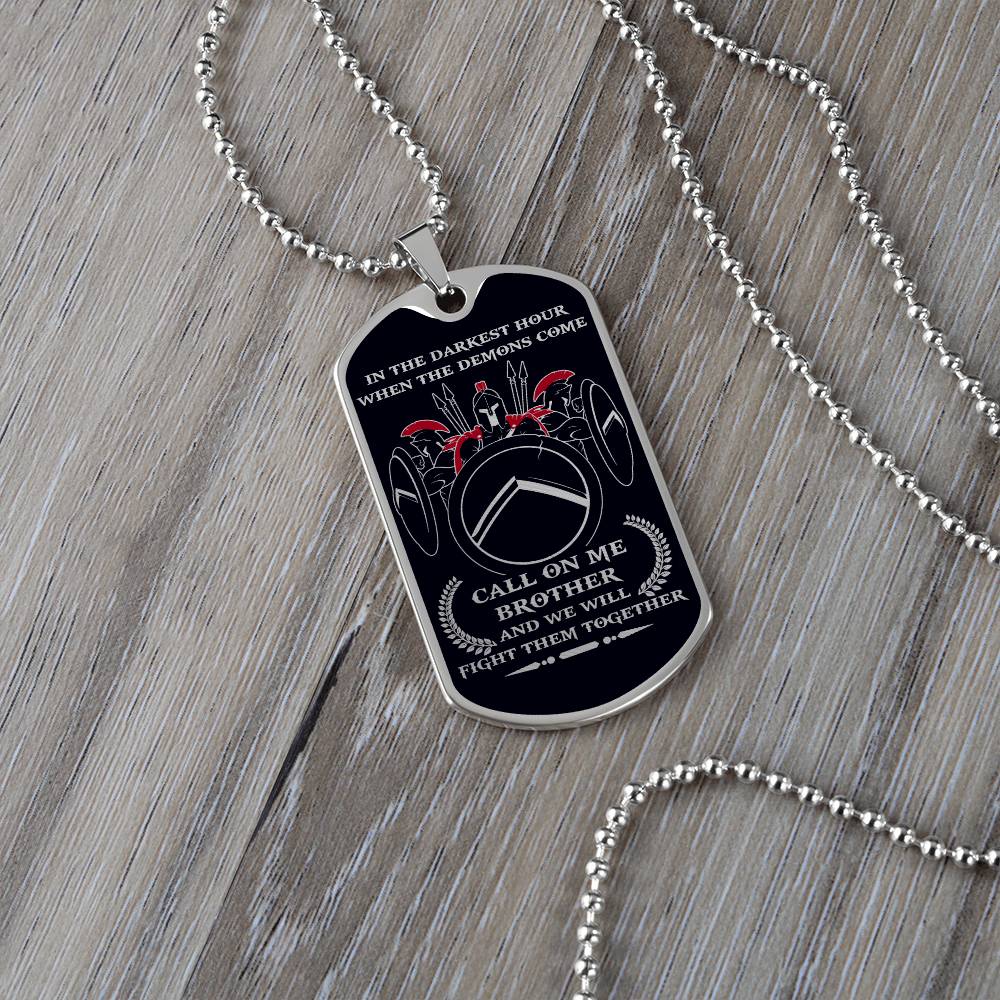 Warrior - Call On Me Brother - Sparta - Spartan - Black Dog Tag - Warrior Dog Tag - Military Ball Chain - Luxury Dog Tag